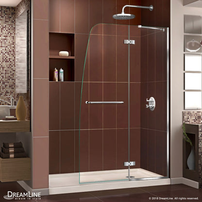 Aqua Ultra Frameless Hinged Shower Door Kit with Biscuit Shower Base Pan and Right Drain