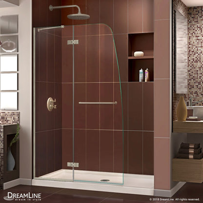 Aqua Ultra Frameless Hinged Shower Door Kit with Biscuit Shower Base Pan and Center Drain