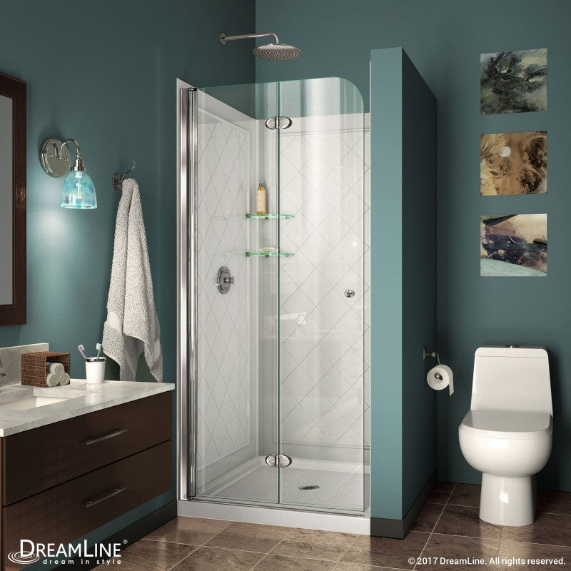 Aqua Frameless Bi-Fold Shower Door Kit with Diamond Style Wall and Shower Base Pan