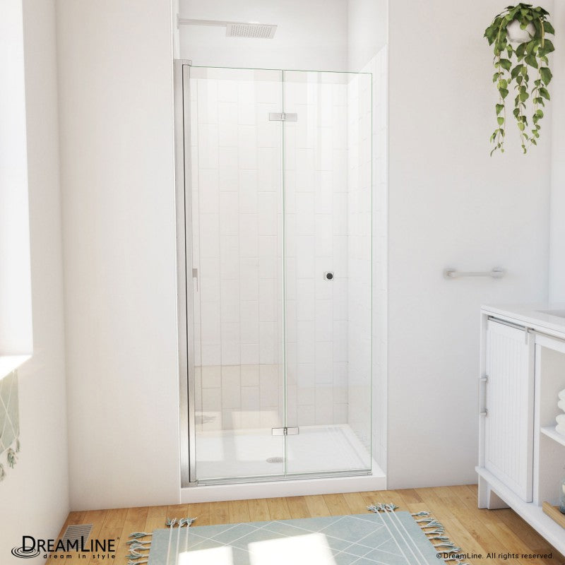 Aqua-Q Frameless Bi-Fold Shower Door Kit with Subway Style Wall and White Shower Base Pan