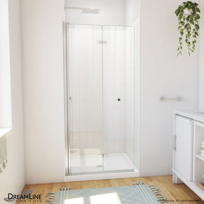 Aqua-Q Frameless Bi-Fold Shower Door Kit with Subway Style Wall and White Shower Base Pan