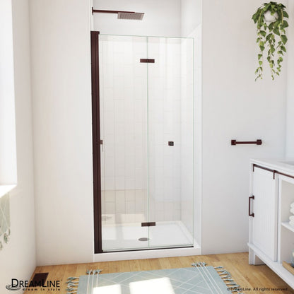 Aqua-Q Frameless Bi-Fold Shower Door Kit with Subway Style Wall and White Shower Base Pan