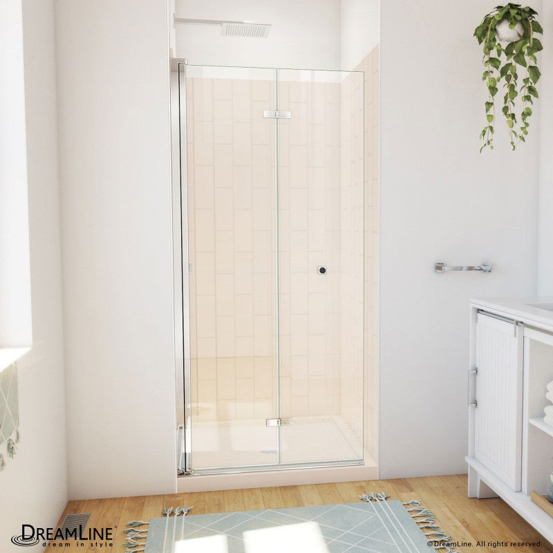 Aqua-Q Frameless Bi-Fold Shower Door Kit with Subway Style Wall and Biscuit Shower Base Pan