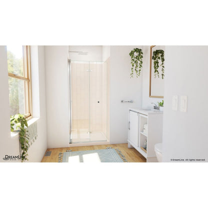 Aqua-Q Frameless Bi-Fold Shower Door Kit with Subway Style Wall and Biscuit Shower Base Pan