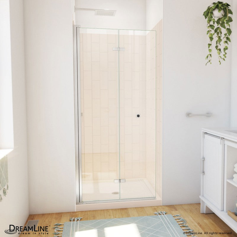 Aqua-Q Frameless Bi-Fold Shower Door Kit with Subway Style Wall and Biscuit Shower Base Pan