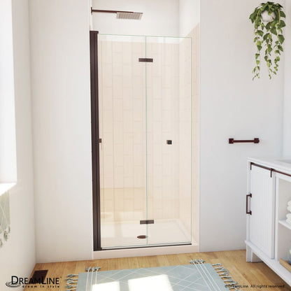 Aqua-Q Frameless Bi-Fold Shower Door Kit with Subway Style Wall and Biscuit Shower Base Pan
