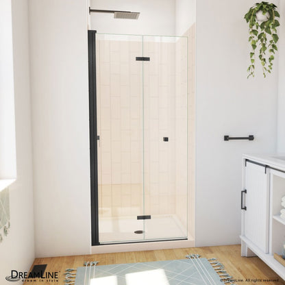 Aqua-Q Frameless Bi-Fold Shower Door Kit with Subway Style Wall and Biscuit Shower Base Pan