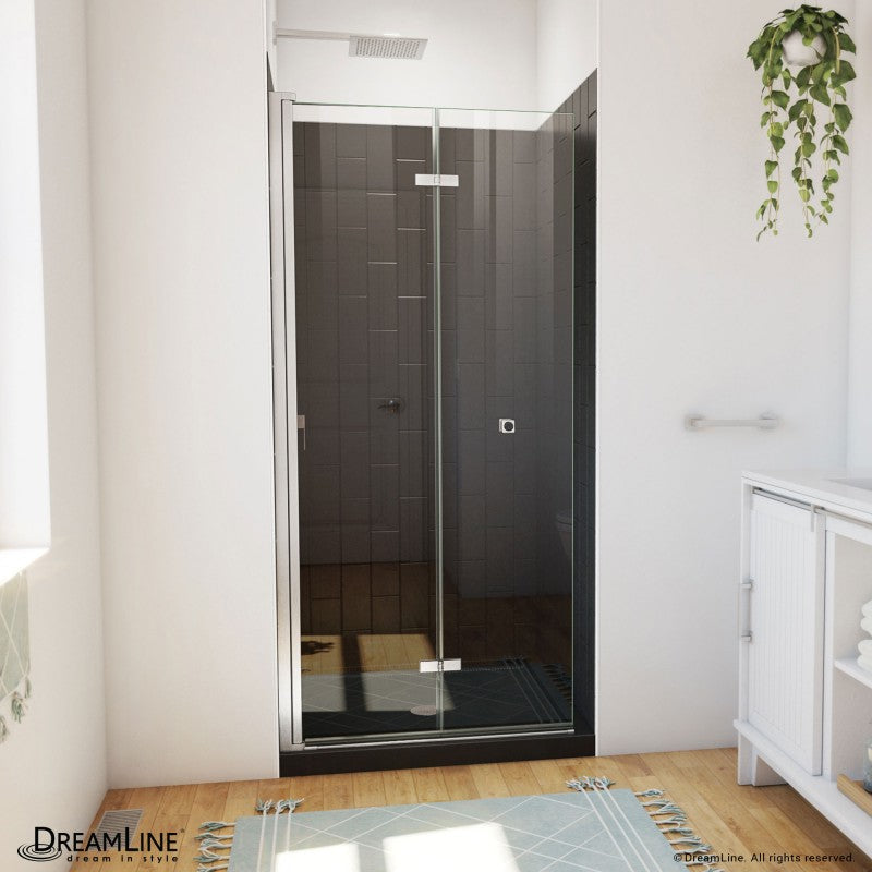 Aqua-Q Frameless Bi-Fold Shower Door Kit with Subway Style Wall and Black Shower Base Pan