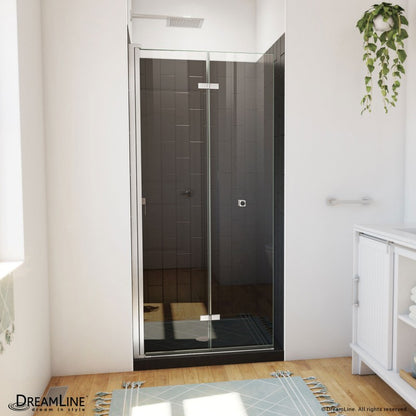 Aqua-Q Frameless Bi-Fold Shower Door Kit with Subway Style Wall and Black Shower Base Pan