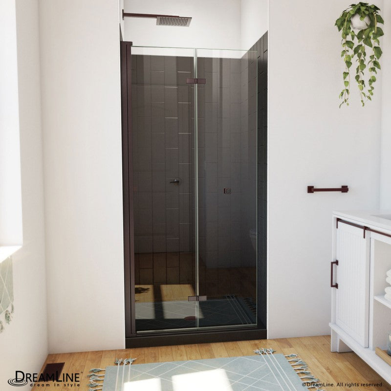 Aqua-Q Frameless Bi-Fold Shower Door Kit with Subway Style Wall and Black Shower Base Pan