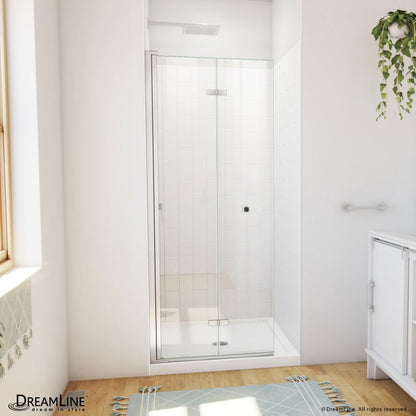 Aqua-Q Frameless Bi-Fold Shower Door Kit with Subway Style Wall and White Shower Base Pan