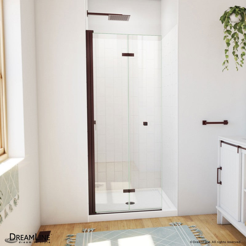 Aqua-Q Frameless Bi-Fold Shower Door Kit with Subway Style Wall and White Shower Base Pan