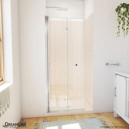 Aqua-Q Frameless Bi-Fold Shower Door Kit with Subway Style Wall and Biscuit Shower Base Pan