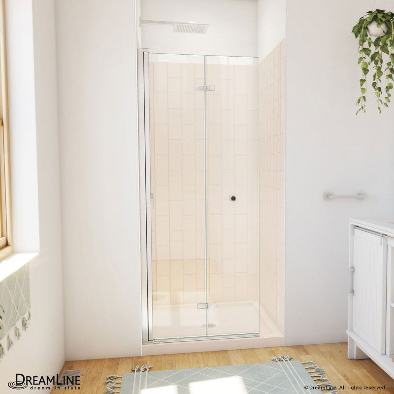 Aqua-Q Frameless Bi-Fold Shower Door Kit with Subway Style Wall and Biscuit Shower Base Pan