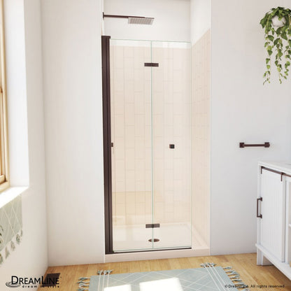 Aqua-Q Frameless Bi-Fold Shower Door Kit with Subway Style Wall and Biscuit Shower Base Pan
