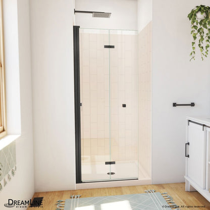 Aqua-Q Frameless Bi-Fold Shower Door Kit with Subway Style Wall and Biscuit Shower Base Pan