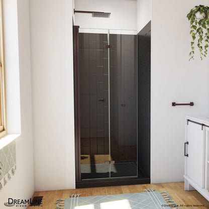 Aqua-Q Frameless Bi-Fold Shower Door Kit with Subway Style Wall and Black Shower Base Pan