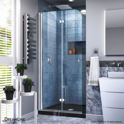 Aqua Frameless Bi-Fold Shower Door Kit with Black Shower Base Pan