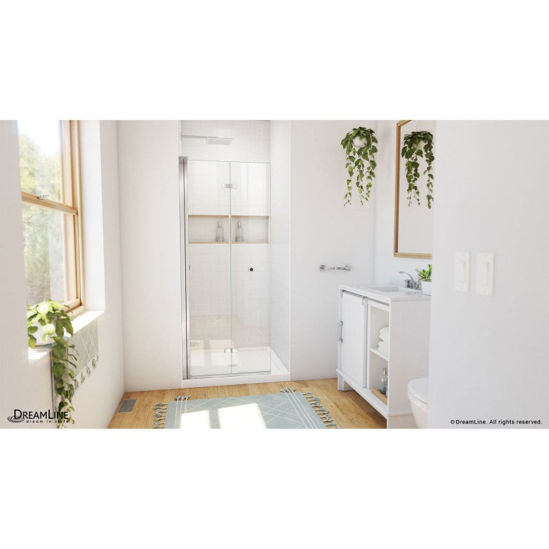 Aqua-Q Frameless Bi-Fold Shower Door Kit with Subway Style Wall, Storage Niche, and White Shower Base Pan