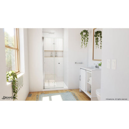 Aqua-Q Frameless Bi-Fold Shower Door Kit with Subway Style Wall, Storage Niche, and White Shower Base Pan