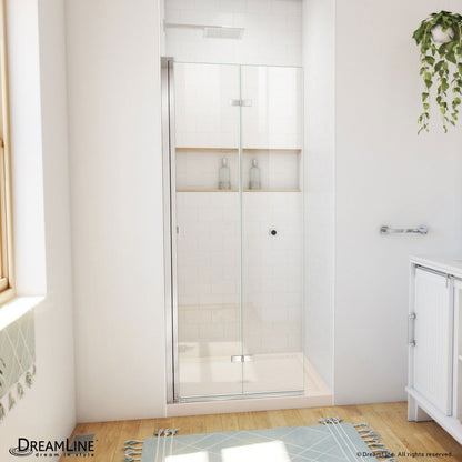 Aqua-Q Frameless Bi-Fold Shower Door Kit with Subway Style Wall, Storage Niche, and Biscuit Shower Base Pan