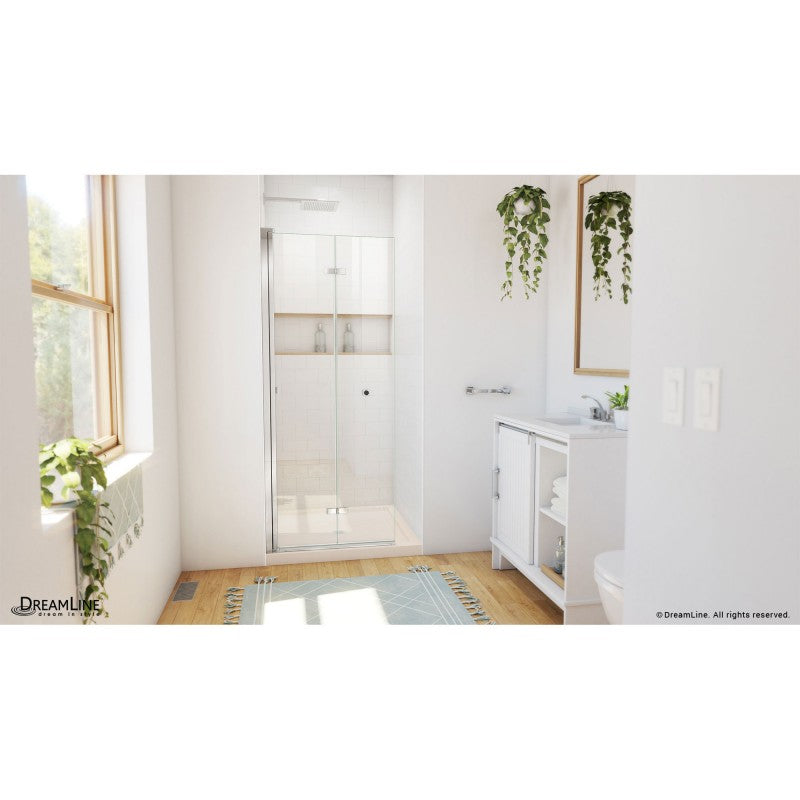 Aqua-Q Frameless Bi-Fold Shower Door Kit with Subway Style Wall, Storage Niche, and Biscuit Shower Base Pan