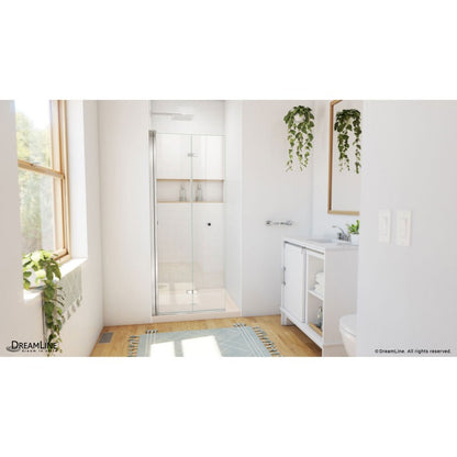 Aqua-Q Frameless Bi-Fold Shower Door Kit with Subway Style Wall, Storage Niche, and Biscuit Shower Base Pan