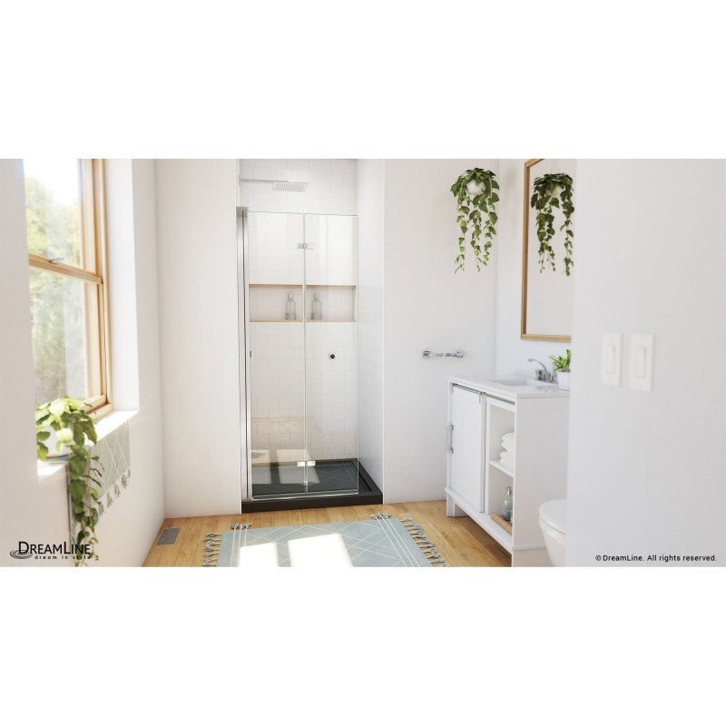 Aqua-Q Frameless Bi-Fold Shower Door Kit with Subway Style Wall, Storage Niche, and Black Shower Base Pan