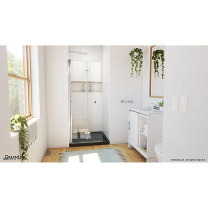 Aqua-Q Frameless Bi-Fold Shower Door Kit with Subway Style Wall, Storage Niche, and Black Shower Base Pan