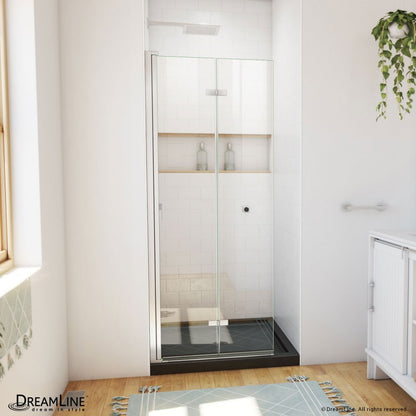 Aqua-Q Frameless Bi-Fold Shower Door Kit with Subway Style Wall, Storage Niche, and Black Shower Base Pan