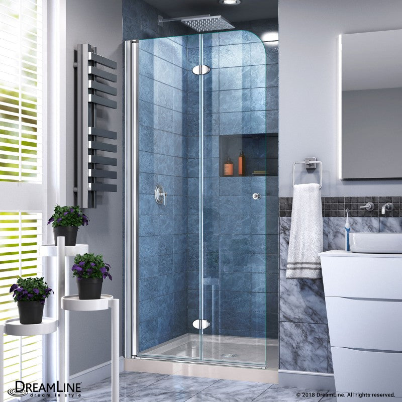Aqua Frameless Bi-Fold Shower Door Kit with Biscuit Shower Base Pan