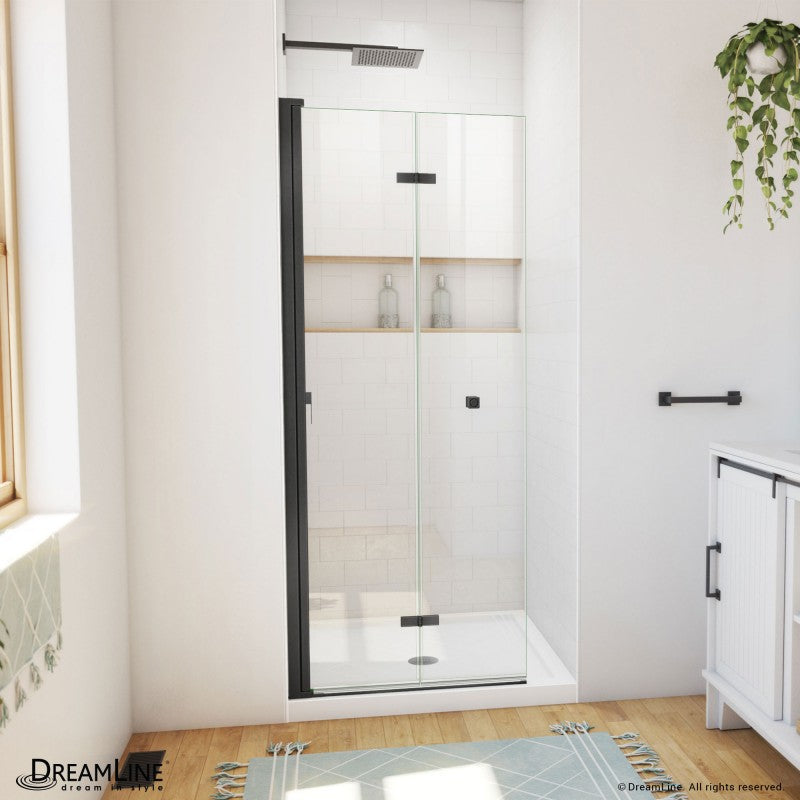 Aqua-Q Frameless Bi-Fold Shower Door Kit with Subway Style Wall, Storage Niche, and White Shower Base Pan