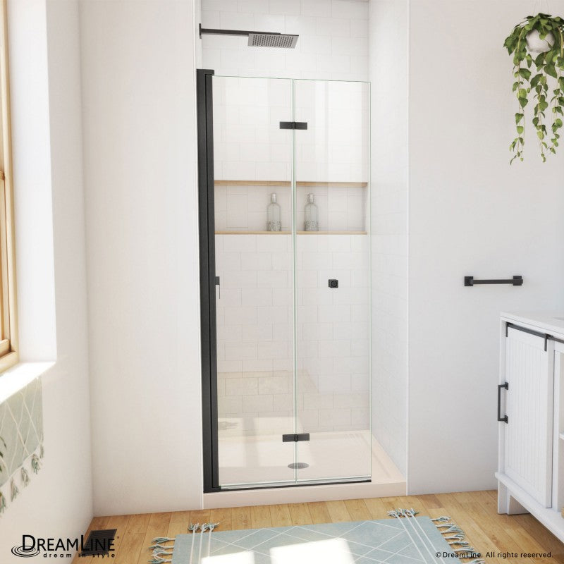 Aqua-Q Frameless Bi-Fold Shower Door Kit with Subway Style Wall, Storage Niche, and Biscuit Shower Base Pan