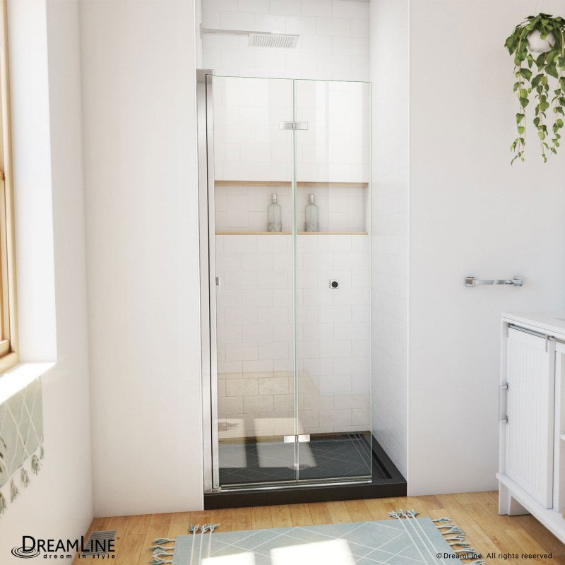 Aqua-Q Frameless Bi-Fold Shower Door Kit with Subway Style Wall, Storage Niche, and Black Shower Base Pan