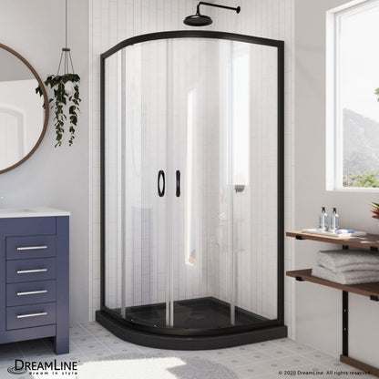 Prime Semi-Frameless Corner Enclosure Center Sliding Shower Door Kit with Black Shower Base Pan and Corner Drain
