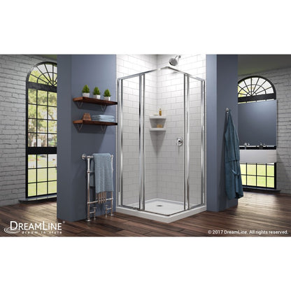 Cornerview Framed Corner Enclosure Center Sliding Shower Door Kit with White Shower Base Pan