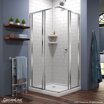 Cornerview Framed Corner Enclosure Center Sliding Shower Door Kit with White Shower Base Pan