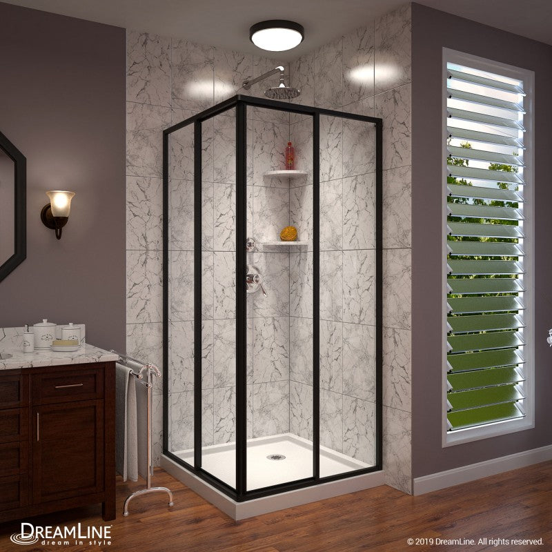 Cornerview Framed Corner Enclosure Center Sliding Shower Door Kit with White Shower Base Pan