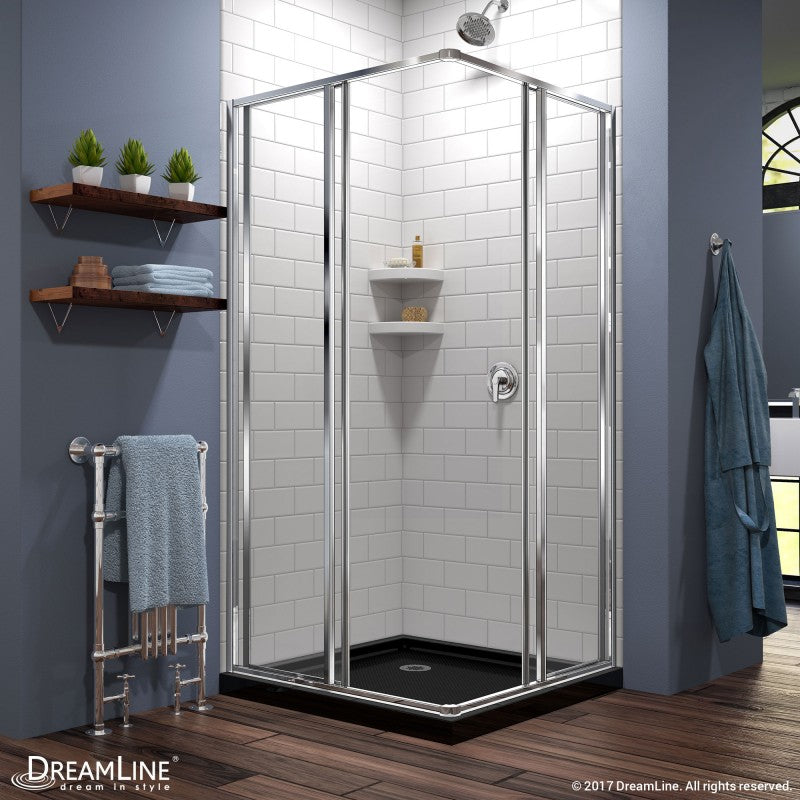 Cornerview Framed Corner Enclosure Center Sliding Shower Door Kit with Black Shower Base Pan