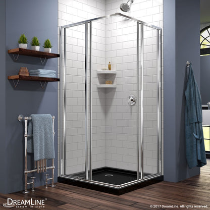 Cornerview Framed Corner Enclosure Center Sliding Shower Door Kit with Black Shower Base Pan