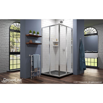 Cornerview Framed Corner Enclosure Center Sliding Shower Door Kit with Black Shower Base Pan