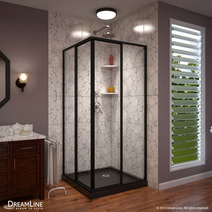 Cornerview Framed Corner Enclosure Center Sliding Shower Door Kit with Black Shower Base Pan