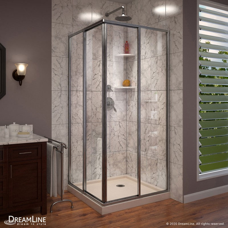 Cornerview Framed Corner Enclosure Center Sliding Shower Door Kit with Biscuit Shower Base Pan