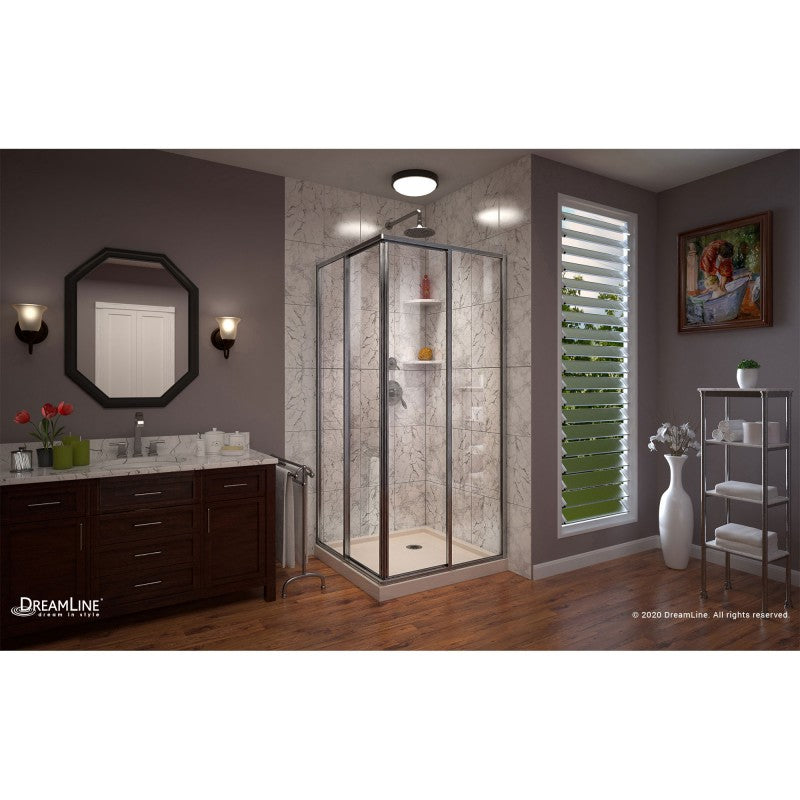 Cornerview Framed Corner Enclosure Center Sliding Shower Door Kit with Biscuit Shower Base Pan