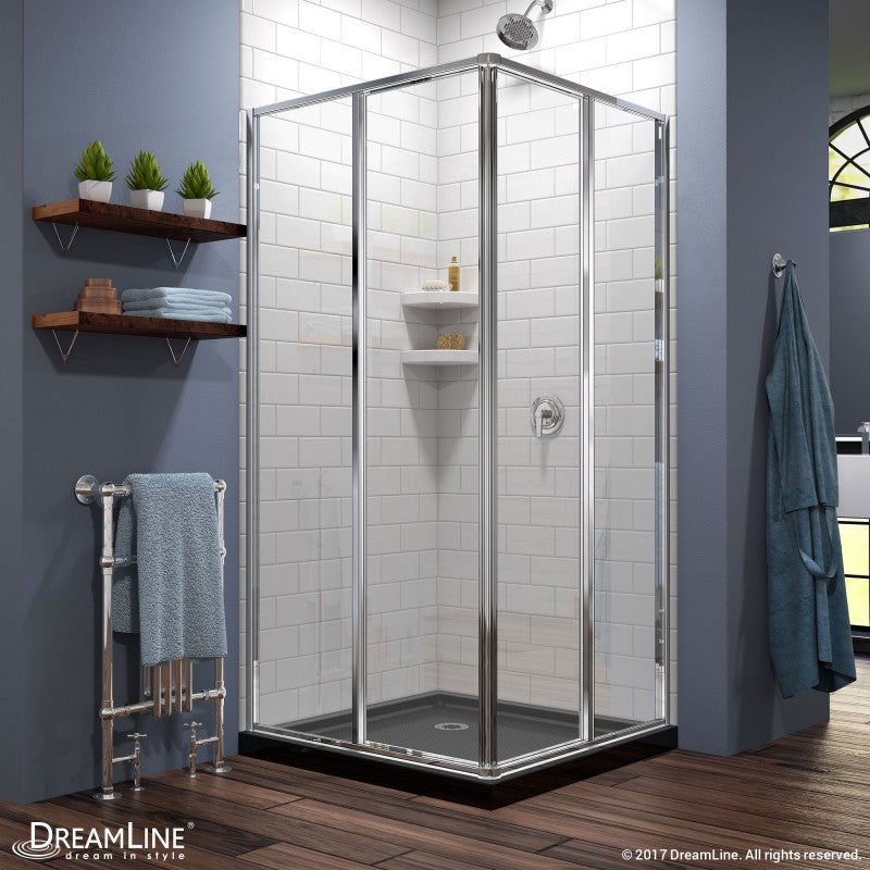 Cornerview Framed Corner Enclosure Center Sliding Shower Door Kit with Black Shower Base Pan
