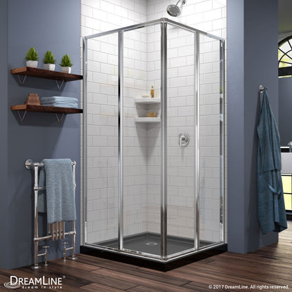 Cornerview Framed Corner Enclosure Center Sliding Shower Door Kit with Black Shower Base Pan