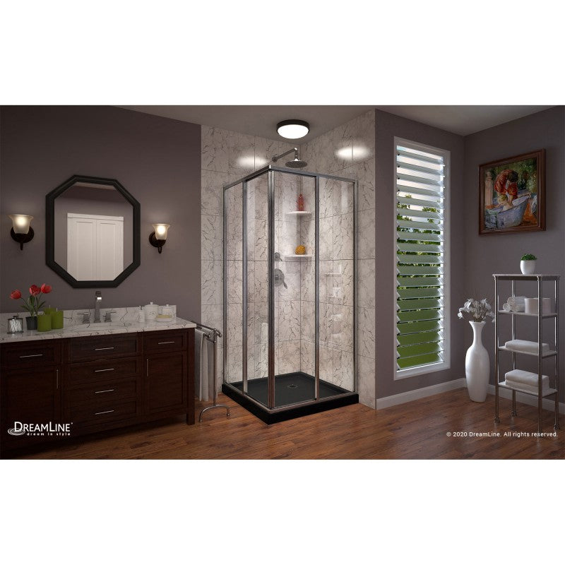 Cornerview Framed Corner Enclosure Center Sliding Shower Door Kit with Black Shower Base Pan