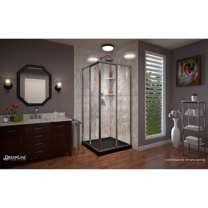 Cornerview Framed Corner Enclosure Center Sliding Shower Door Kit with Black Shower Base Pan