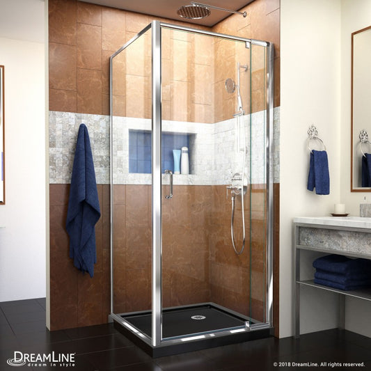 Flex Semi-Frameless Pivot Shower Door Kit with Return Panel for Corner Enclosure and Black Shower Base Pan and Corner Drain