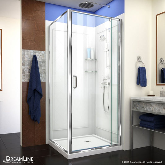 Flex Semi-Frameless Pivot Shower Door Kit with Return Panel for Corner Enclosure and Diamond Style Wall and White Shower Base Pan